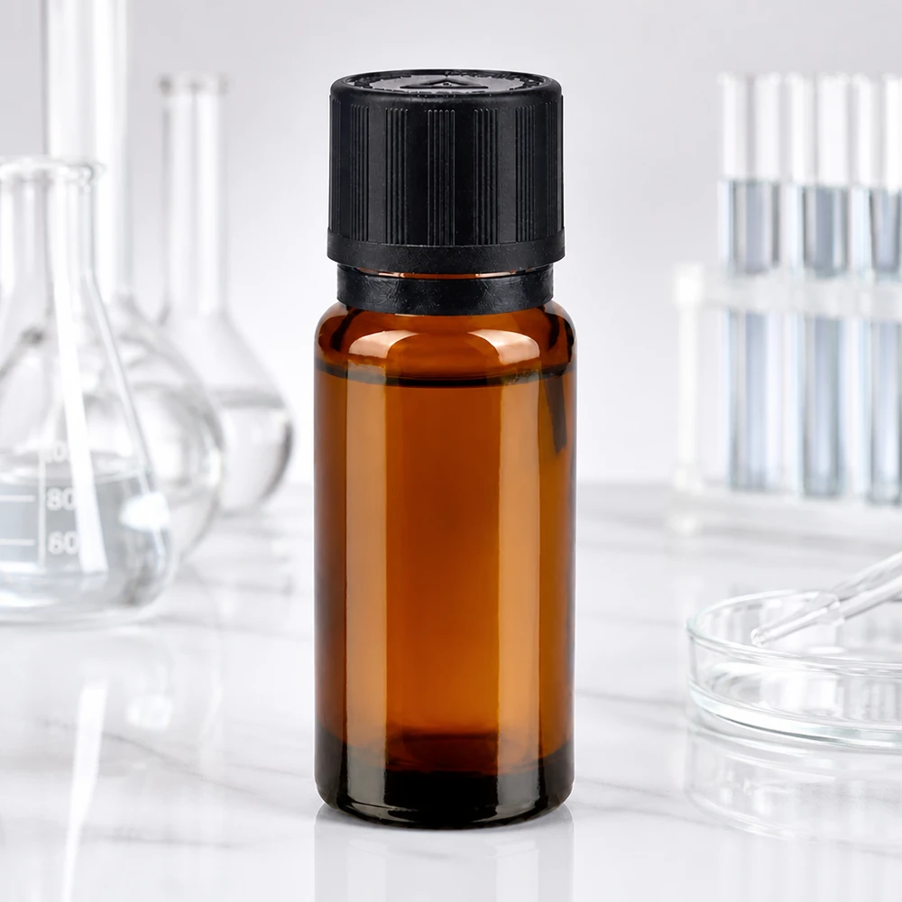 Apothekenflasche braun 10ml Tropfer Giessring 1mm schwarz Kindersicherung Blindenwarnsymbol Originalitätsverschluss 10ml Braunglasfläschchen mit schwarzem Dosierverschluss zwischen Laborglasgeräten