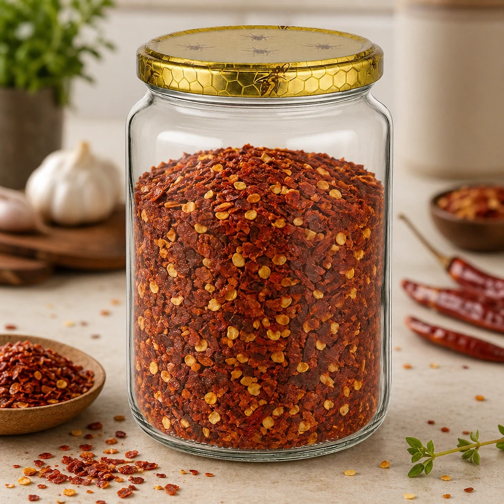 1000g Honigglas mit Bienenwabe Deckel BasicSeal UNiTWIST 1000g Honigglas mit Bienenwaben-Deckel gefüllt mit Chilliflocken und Gewürzen auf Holztisch Küche Imkereibedarf