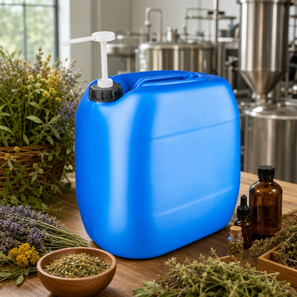 Kanister 30 Liter blau mit Dosierpumpe Tragbarer 30 Liter Kanister blau mit Pumpspender neben Bernsteinflaschen und getrockneten Kräutern