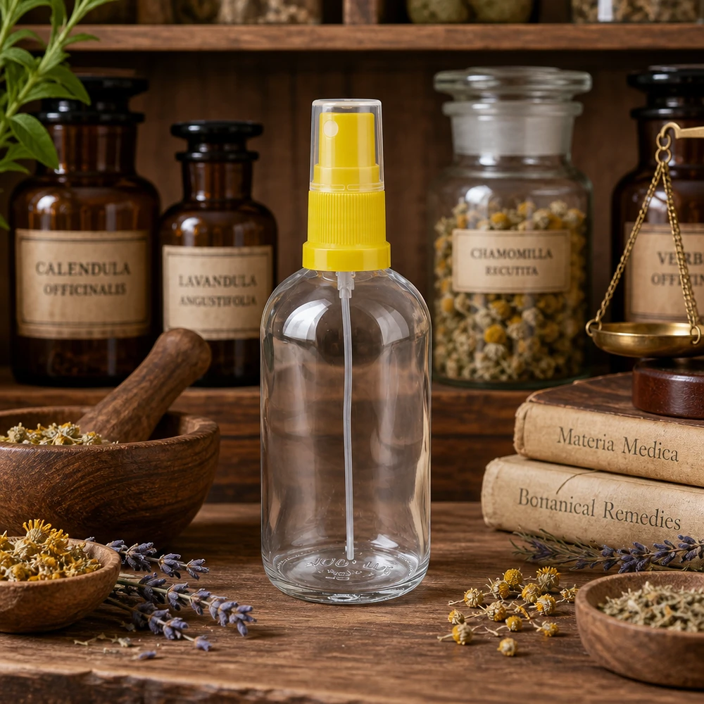 Leere Sprühflasche 100ml gelber Aufsatz befüllbar für Aromatherapie und botanische Anwendungen