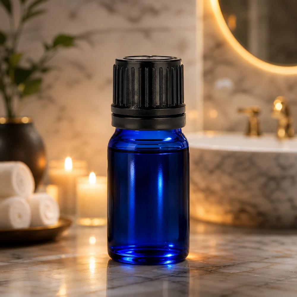 Stilvolle 5ml Flasche für Spa und Wellness Bereich mit edlem blauen Design