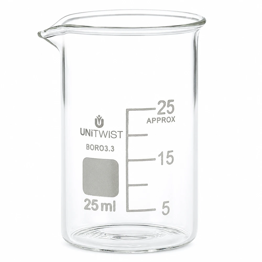 Becherglas niedrige Form 25ml UNiTWIST mit Schreibfeld und präziser Messskala aus Borosilikat