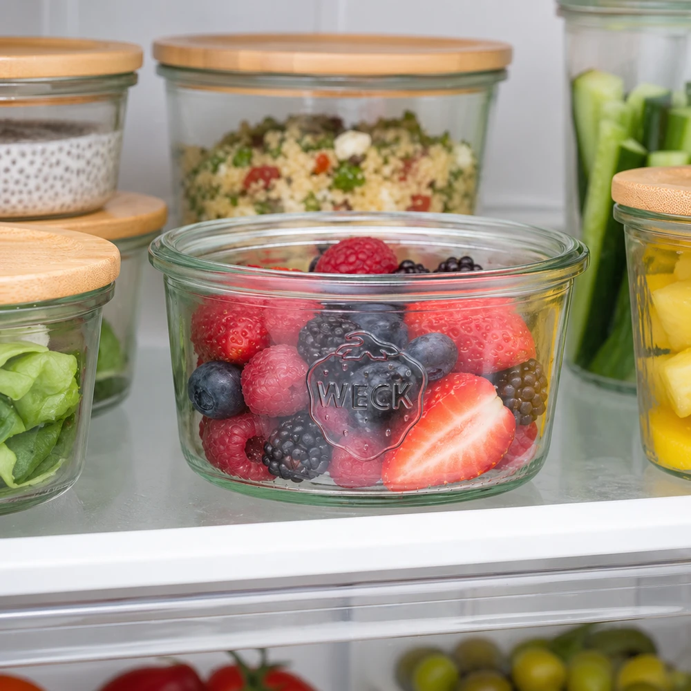165ml Sturzglas WECK RR80 WECK Sturzglas 165ml RR80 mit gemischten Beeren im Kühlschrank, Meal Prep Glas mit Holzdeckel