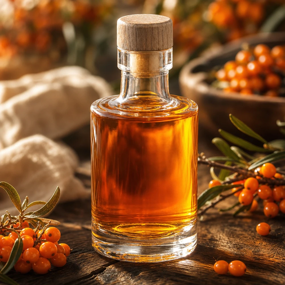 100ml Glasflasche Marie mit Holzkorken gefüllt mit bernsteinfarbener Flüssigkeit dekoriert mit Sanddornbeeren natürliche