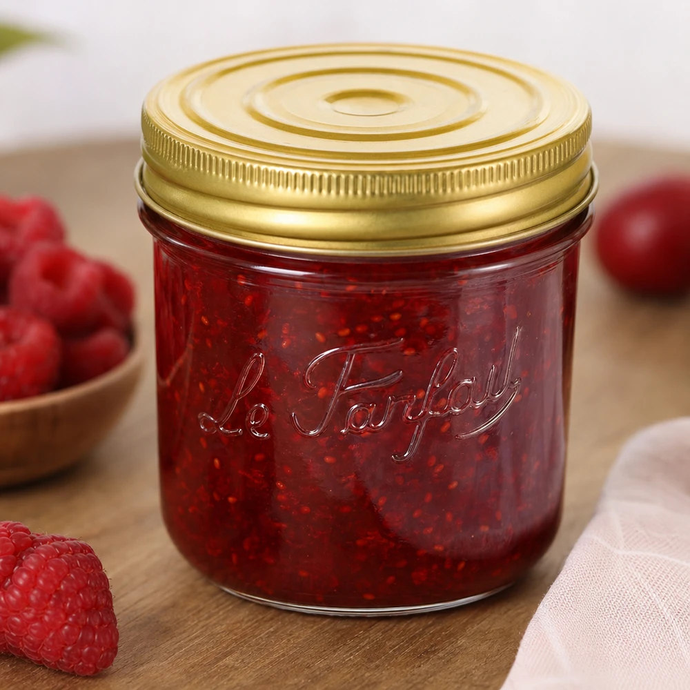 415ml Sturzglas Familia Wiss mit goldenem Deckel gefüllt mit roter Marmelade neben frischen Erdbeeren auf Holztisch