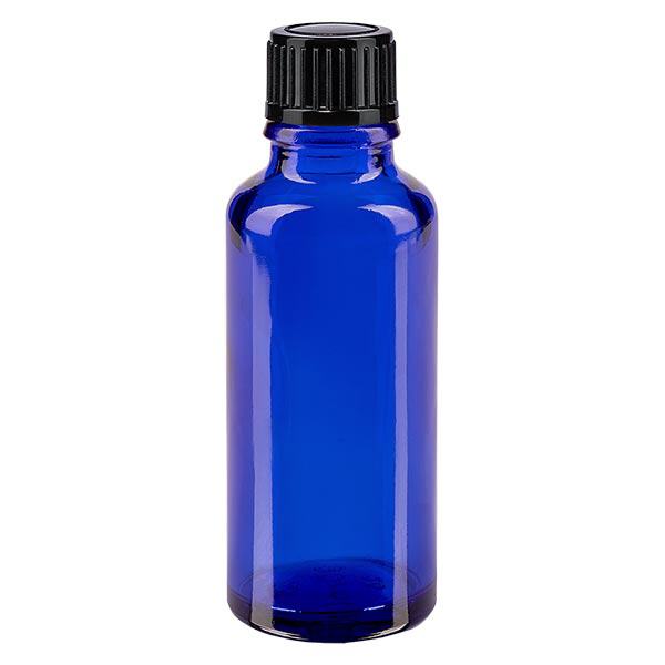 Apothekenflasche blau 30ml Tropfverschluss 1mm schwarz Standard