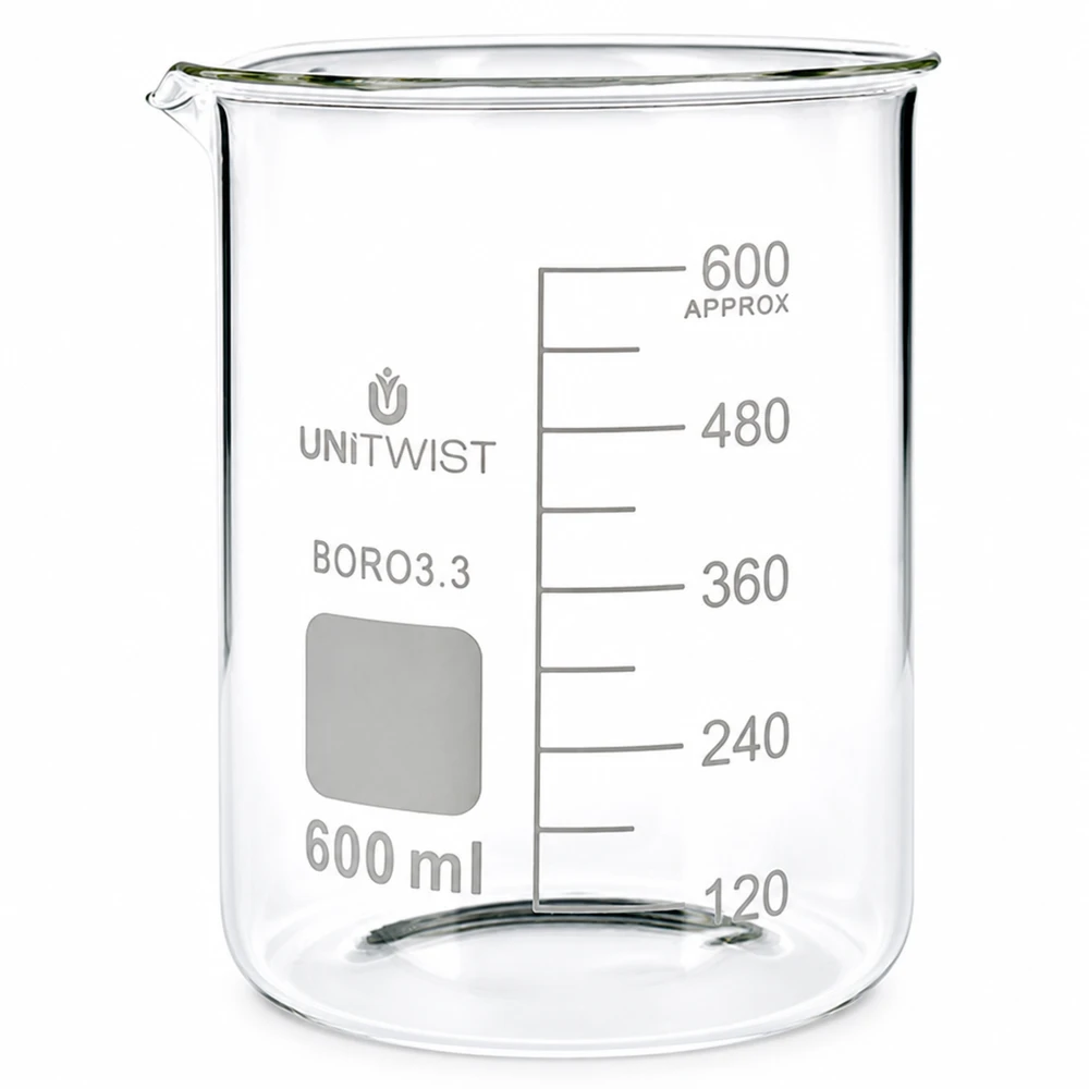 Becherglas 600ml Borosilikat, niedrige Form UNiTWIST UNiTWIST 600ml Becherglas Borosilikat niedrige Form mit Ausguss und Messskala