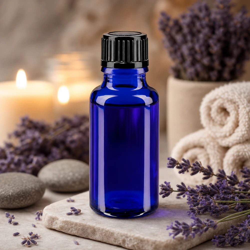 Hochwertige kobaltblaue 20ml Flasche ApoGlas mit schwarzem Tropfaufsatz für Naturprodukte
