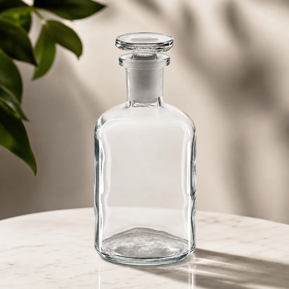 Hochwertige Glasflasche 100ml Enghals mit flachem Glasstopfen Rundschulterdesign klar