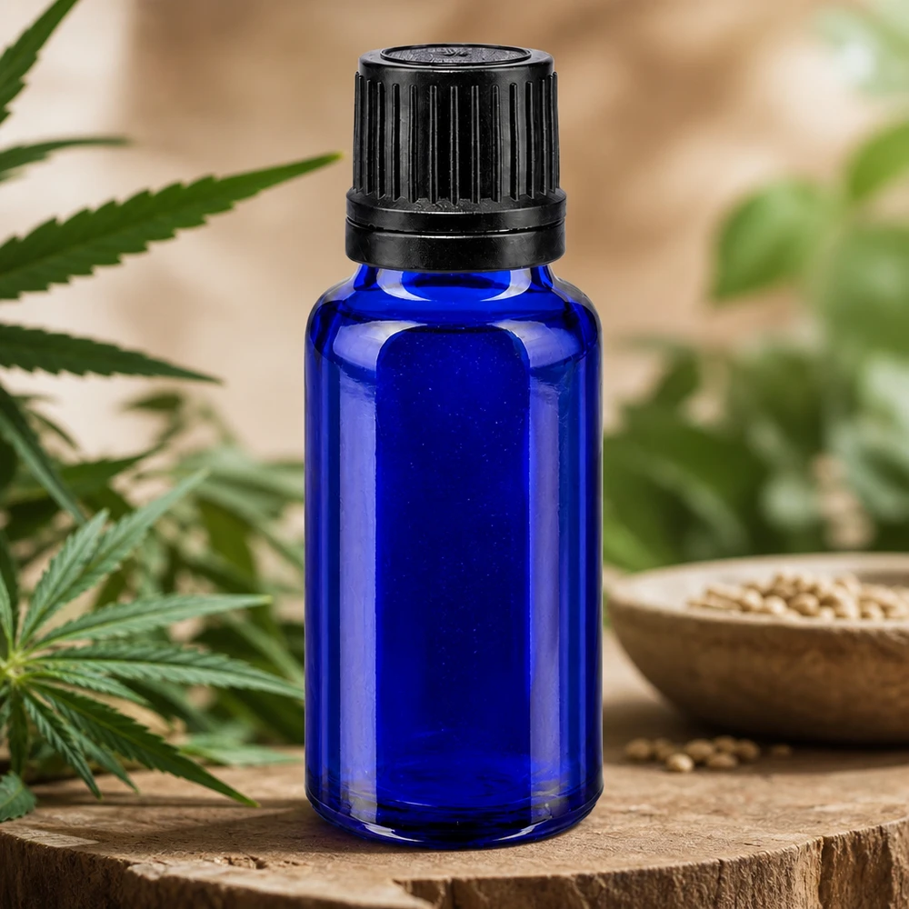 20ml ApoGlas Flasche in Blau mit schwarzem Schraubverschluss für lichtempfindliche Naturprodukte