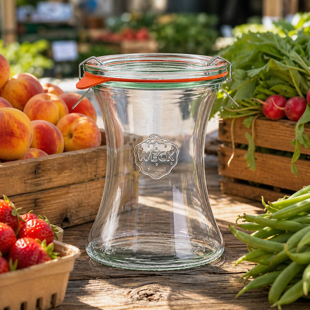 WECK Delikatessenglas 370ml RR80 auf Holztisch mit frischem Obst Gemüse Marktstand Atmosphäre natürliche Präsentation
