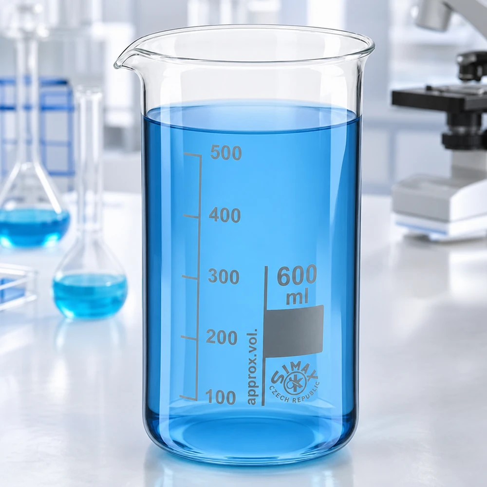 Becherglas 600ml Borosilikatglas, hohe Form Laborbecher 600ml tall form Borosilikatglas mit Mikroskop und Erlenmeyerkolben im Hintergrund
