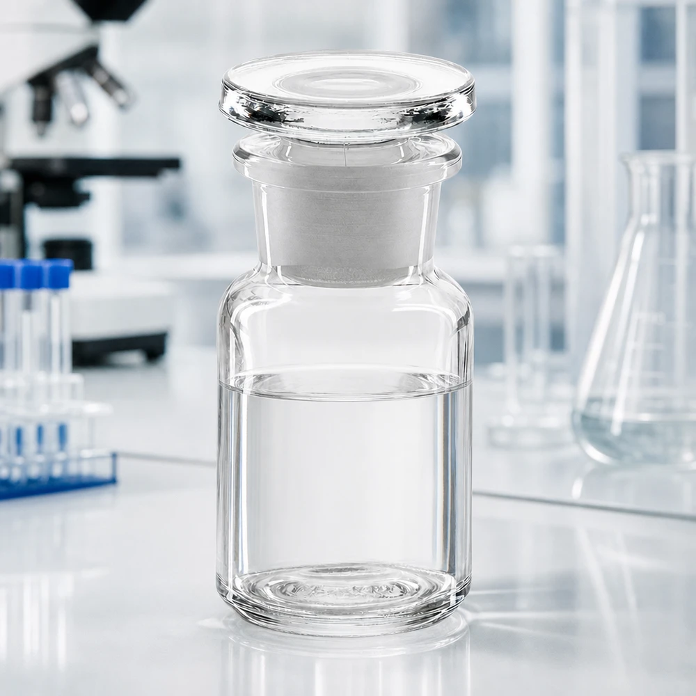 Professionelle Laborflasche 50ml Rundschulter Weithals klar mit halbgefülltem Glasinhalt