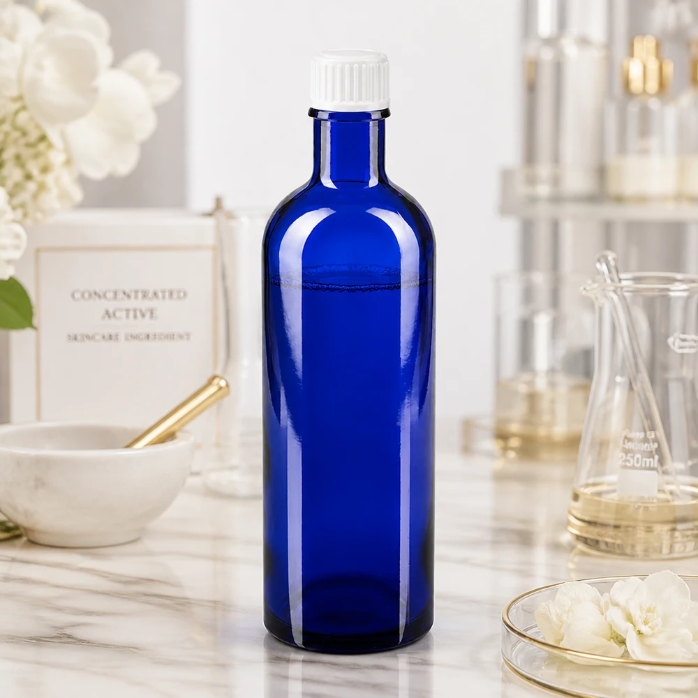 Apothekenflasche blau 200ml Schraubverschluss weiß Standard Blaue Serumflasche 200ml mit breitem Flaschenhals und sicherem weißem Verschluss aus Glas