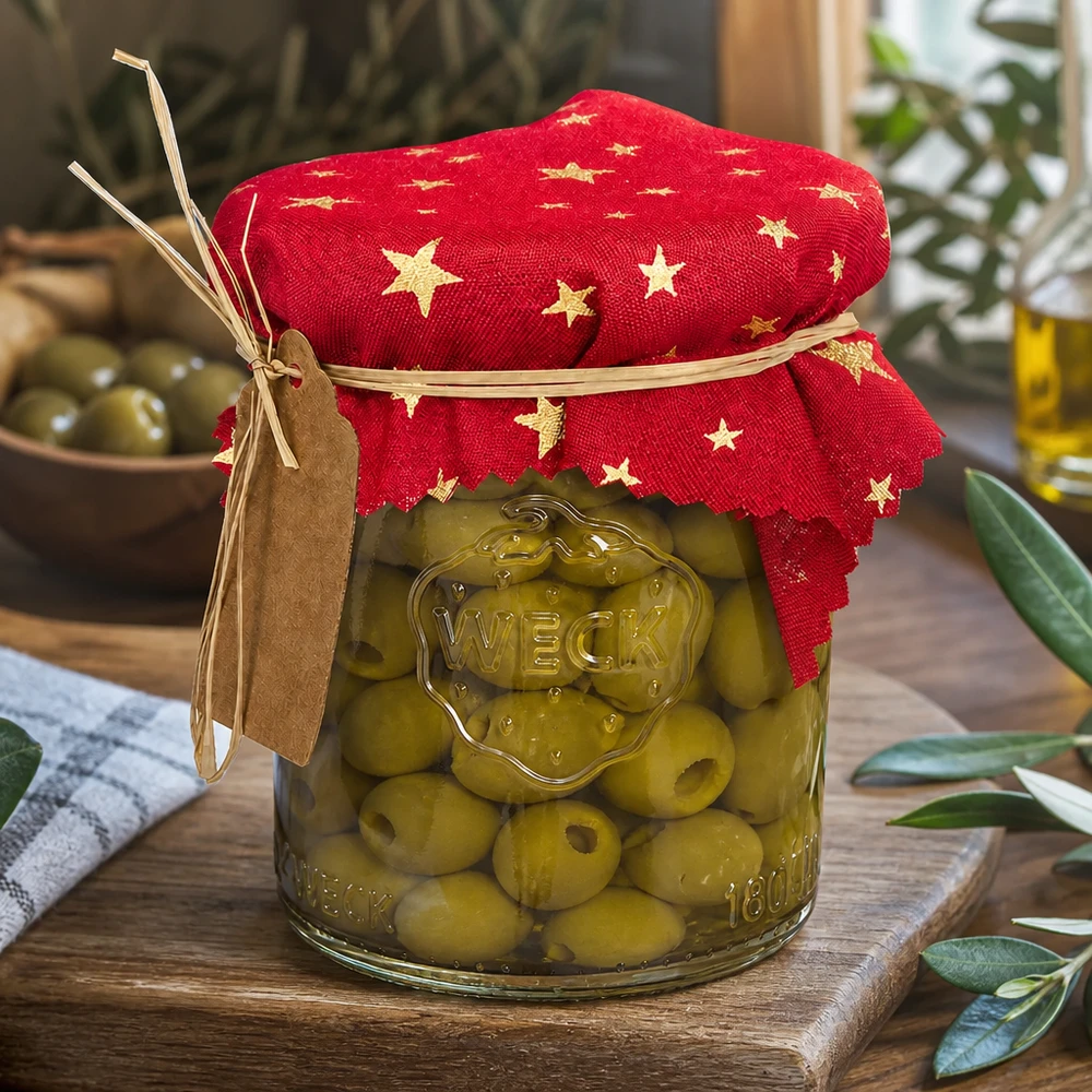 Stoff Schmuckdeckchen rot "Sterne" 12cm eckig Stoff Schmuckdeckchen rot Sterne-Muster 12cm auf Olivenglas mediterrane Küchendeko Einweckglas mit Anhänger