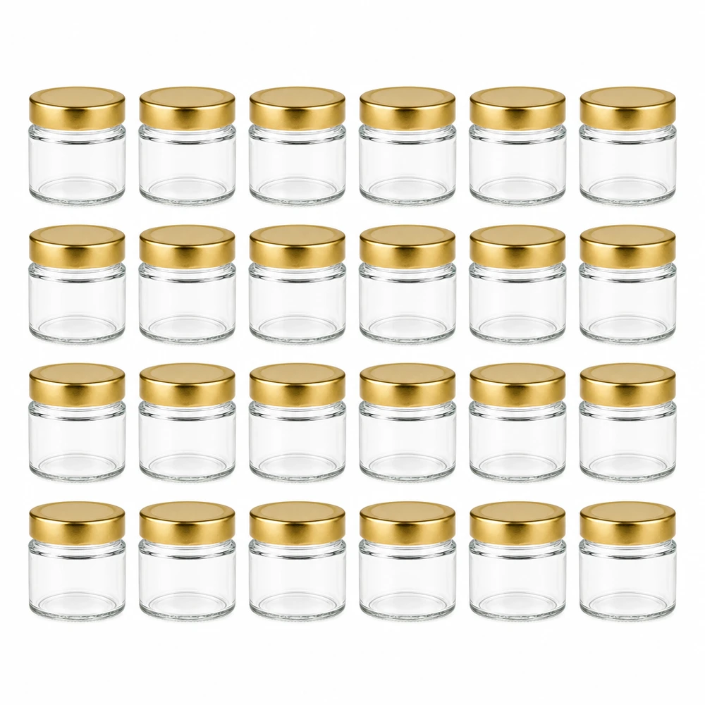 80ml Rundglas 24er-Set mit Deckel (Deckelfarbe: gold) UNiTWIST Klare zylindrische 80ml Gläser mit Golddeckel UNiTWIST Marmeladen Honig Set 24x