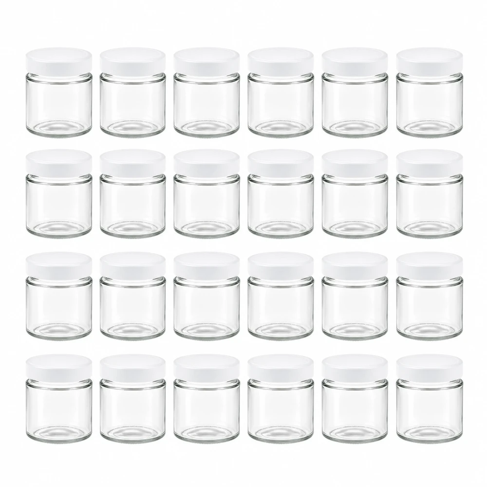 135ml Rundglas 24er-Set mit Deckel (Deckelfarbe: weiss) – UNiTWIST UNiTWIST 24 zylindrische Glasgefäße 135ml transparent mit weißem Deckel