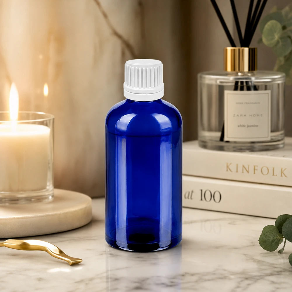 100ml Tropfflasche 0.7mm weiß Originalitätsverschluss BlueLine UT18/100 Nachfüllbare Tropfflasche 100ml aus recycelbarem Glas - nachhaltige Lösung für Naturkosmetik