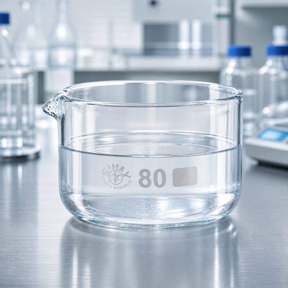 150ml Kristallisierschale mit Ausguss Borosilikat ø80mm Flachform Laborgefäß 150ml mit Ausguss breitbasig und transparent auf metallischer Arbeitsfläche