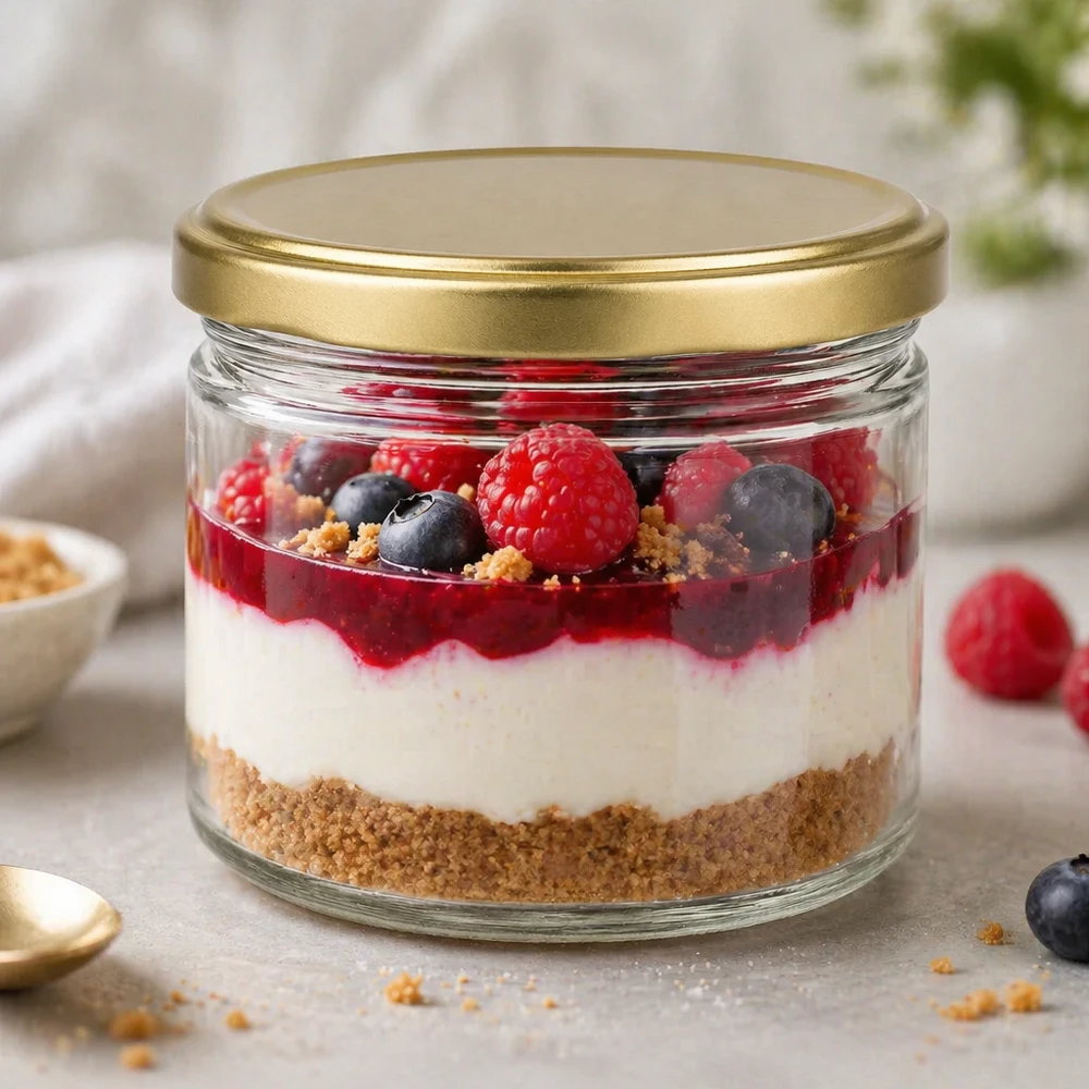 700g Honigglas mit goldenem Deckel BasicSeal UNiTWIST 700g Honigglas BasicSeal mit goldenem Deckel als Dessertglas für Schichtdessert mit Beeren und Keksboden