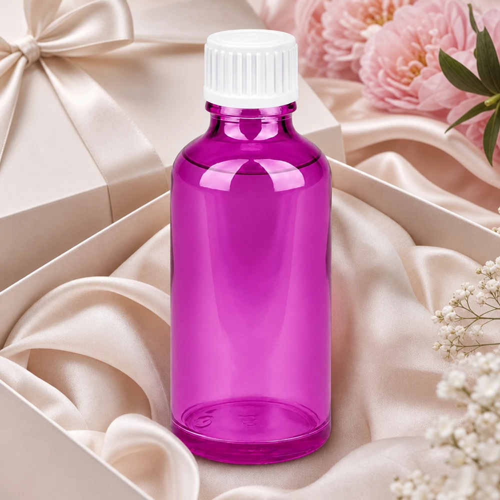50ml (Globuli)Flasche 3mm Giessring weiß Standard PurpleLine. UT18/50 Elegante 50ml Glasflasche in Purple-Optik perfekt als Geschenkverpackung für Wellness-Produkte