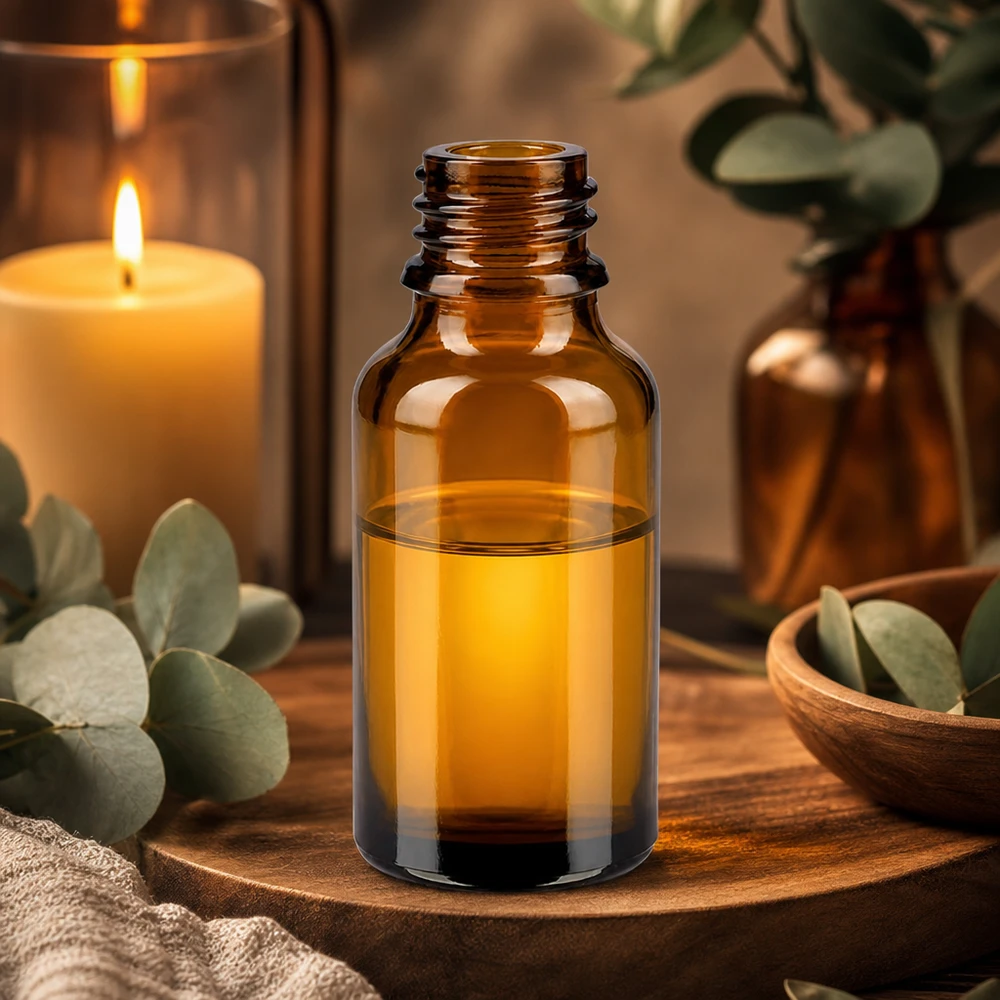 30ml ApoGlas Braunglasflasche ohne Verschluss auf Holzbrett mit Eukalyptus und Kerze in Aromatherapie Ambiente