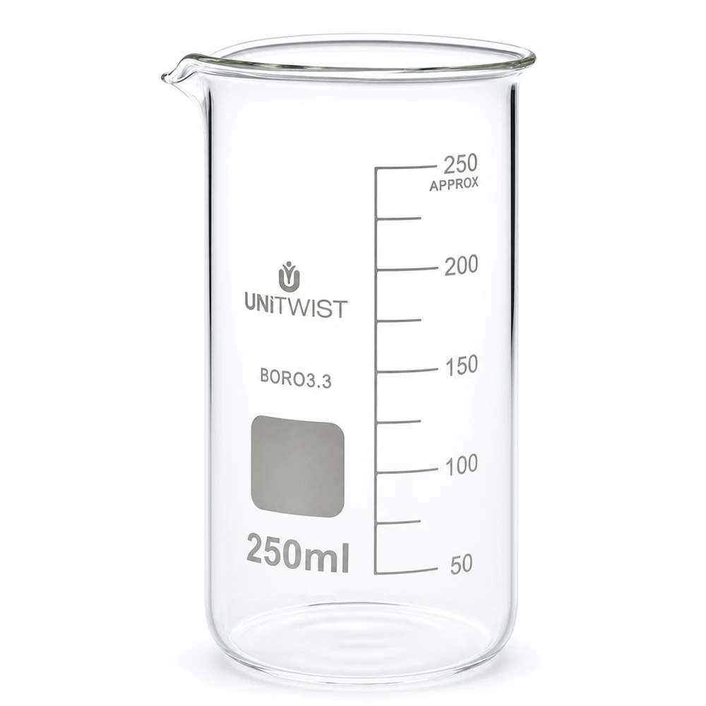 Becherglas 250ml Borosilikat, hohe Form UNiTWIST Klares Glasbehälter 250ml Laborqualität UNITWIST mit Messskala und Ausgießer