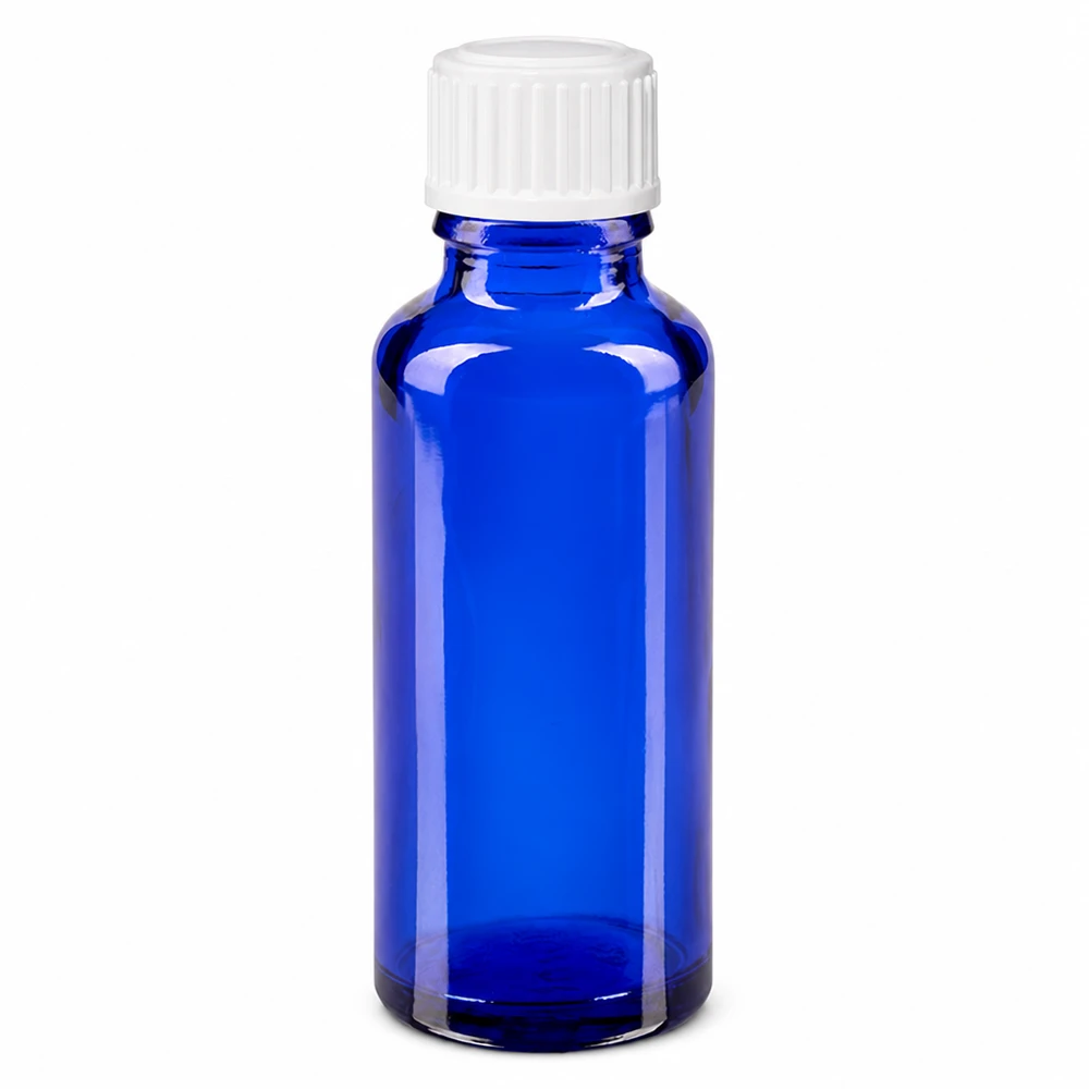 Apothekenflasche blau 30ml Schraubverschluss weiß Standard Apothekerglasflasche blau 30ml zylindrisch mit weißem Schraubverschluss