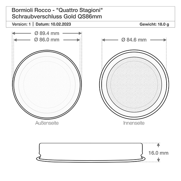 1500ml Rundglas "Quattro Stagioni" mit Deckel Technische Zeichnung Bormioli Rocco Quattro Stagioni Deckel QS86mm mit Maßangaben Durchmesser 89,4mm Gewicht 18g