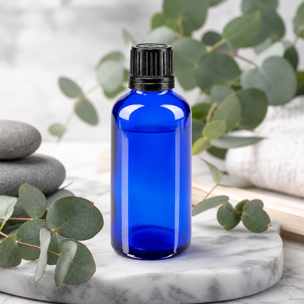 Apothekenflasche blau 50ml Schraubverschluss schwarz Giessring Originalitätsverschluss Schlanke kobaltblaue Glasflasche 50ml mit schwarzem Tropferverschluss 8mm UV-Schutz