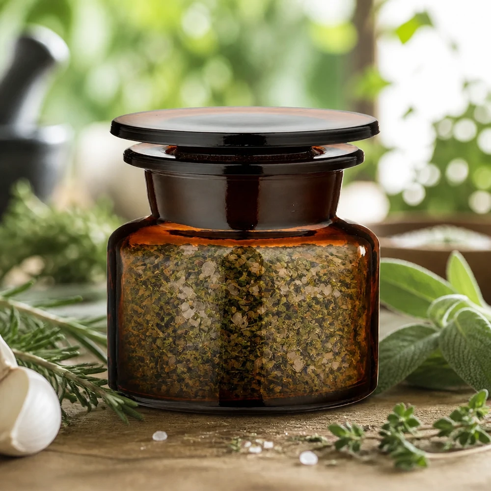 Luftdichtes Braunglas Gewürzglas 50ml mit flachem Glasstopfen für aromatische Kräutersalze
