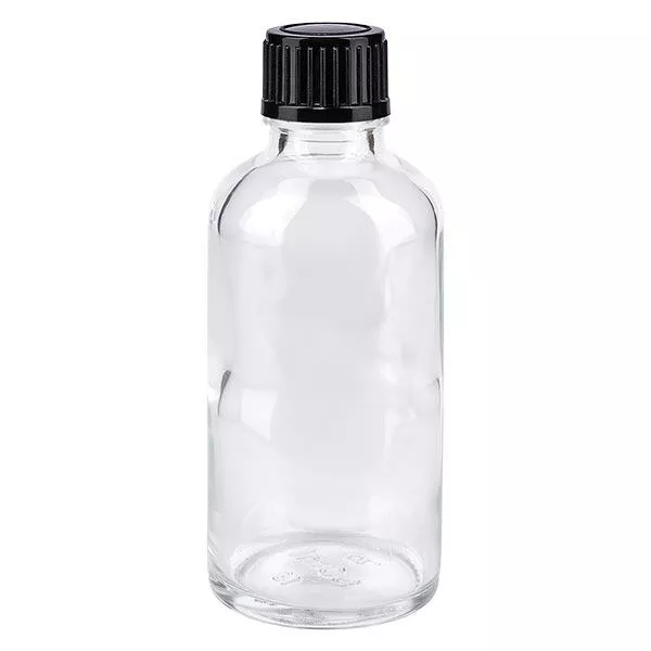 Apothekenflasche klar 50ml Schraubverschluss schwarz Standard Apothekenflasche klar 50ml Schraubverschluss schwarz Standard