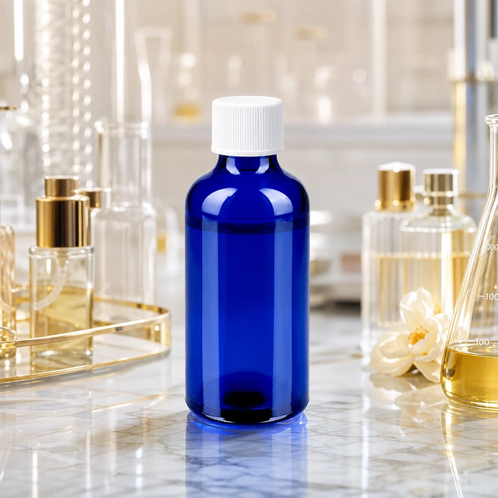 Robuste 50ml Braunglasflasche Alternative in Blau mit ergonomischem weissen Drehverschluss
