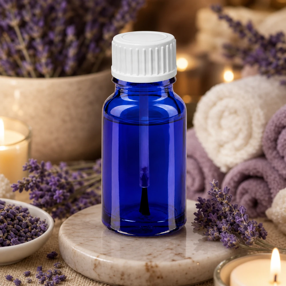 Blaue 10ml Glasflasche mit integriertem Pinsel ideal für Nagellack und flüssige Produkte