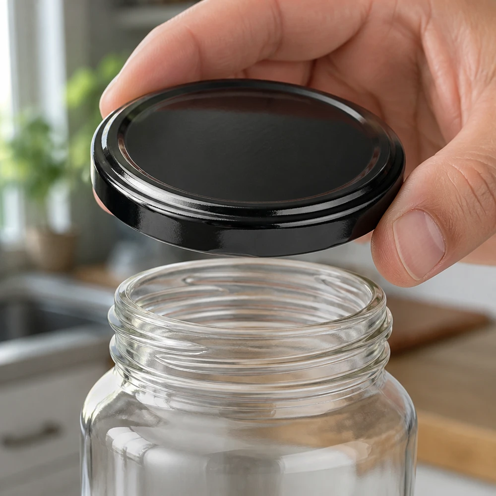 UNiTWIST TO82 schwarz, BioSeal, BPA-NI, UNiTWIST Glänzend schwarzer UNiTWIST TO82 Twist-Off Verschluss BioSeal wird auf Vorratsglas platziert