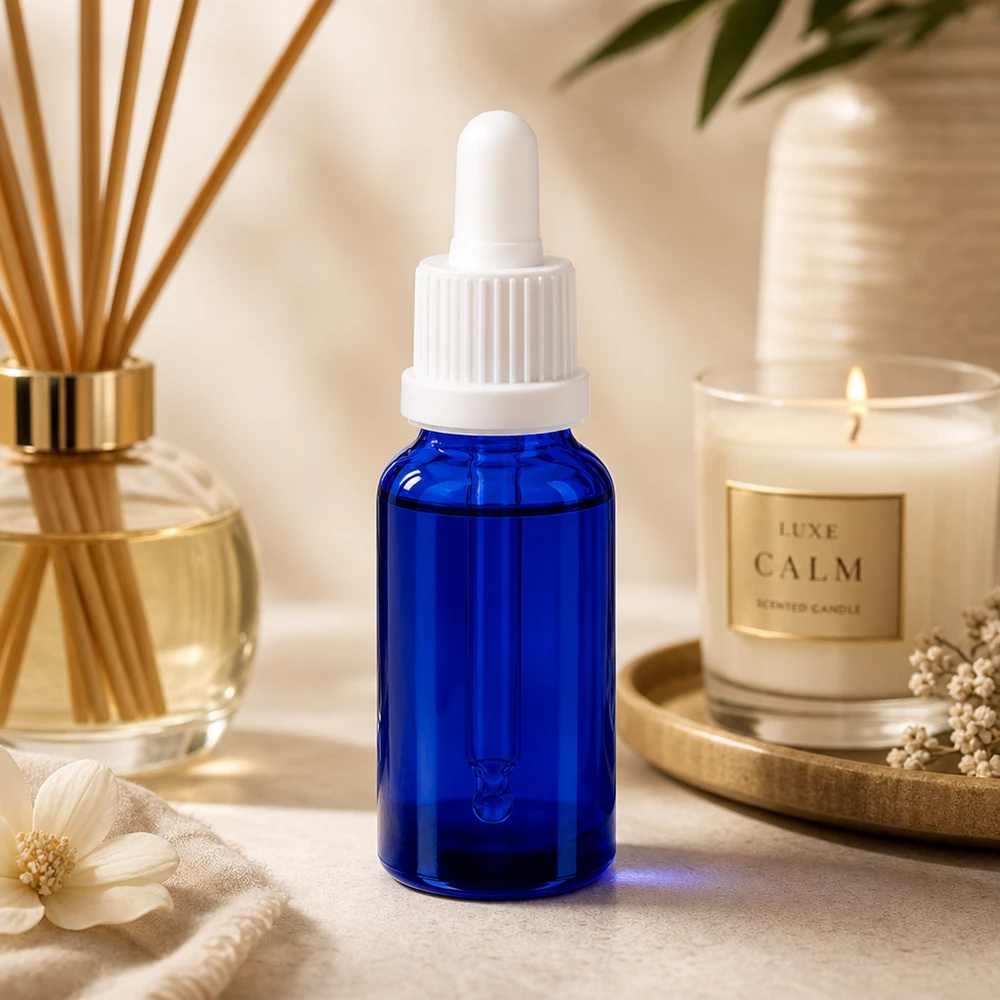20ml Pipettenflasche weiß Originalitätsverschluss BlueLine UT18/20 Elegante 20ml Pipettenflasche in tiefem Kobaltblau mit weißer Gummipipette für genaue Dosierung