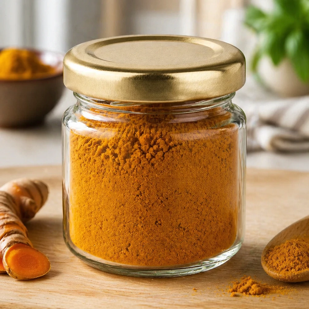 53ml Rundglas UNiTWIST gefüllt mit Kurkumapulver zeigt Verwendung als Gewürzglas mit goldenem Deckel