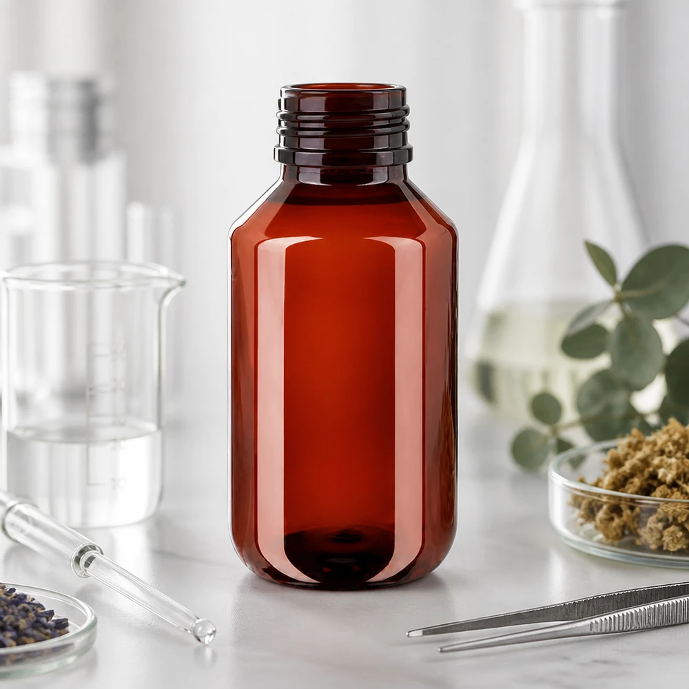 PET Flasche 100ml mit grünem Verschluss Originalitätsverschluss Wiederverschließbare PET Flasche 100ml in Braun mit Originalverschluss für flüssige Naturextrakte