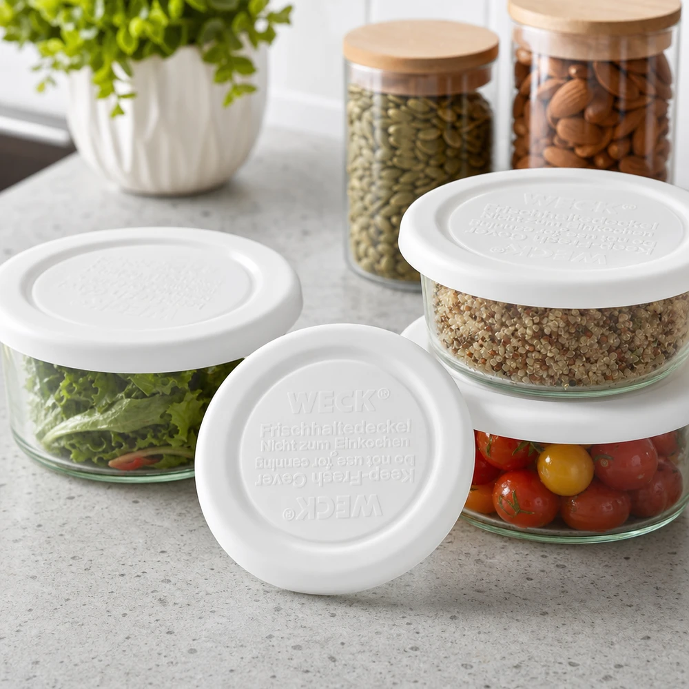 WECK Frischhaltedeckel RR40 für Glasschalen mit Quinoa, Tomaten und Salat - vielseitige Küchenaufbewahrung