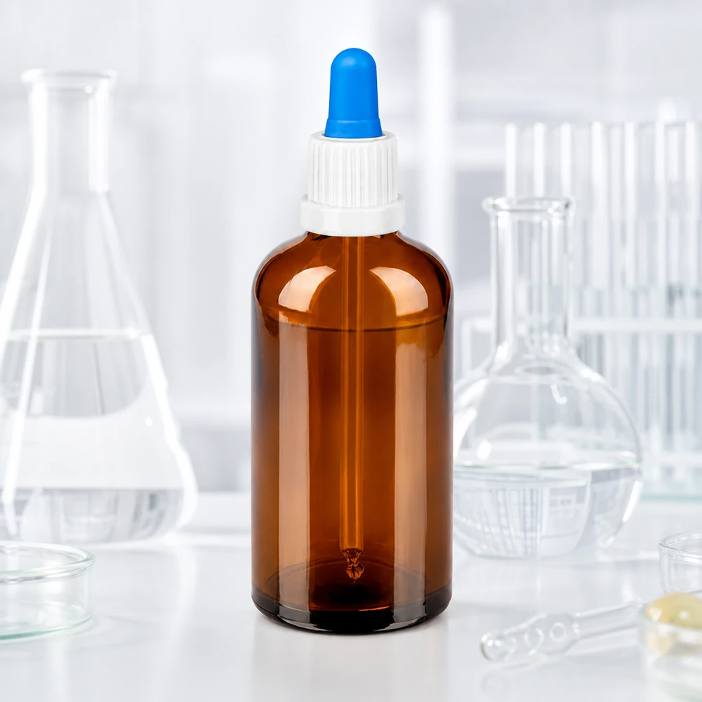 100ml Pipettenflasche weiß/blau Originalitätsverschluss BrownLine UT18/100 Hochwertige Glasflasche 100ml mit Pipettenverschluss für sichere Aufbewahrung lichtempfindlicher Stoffe