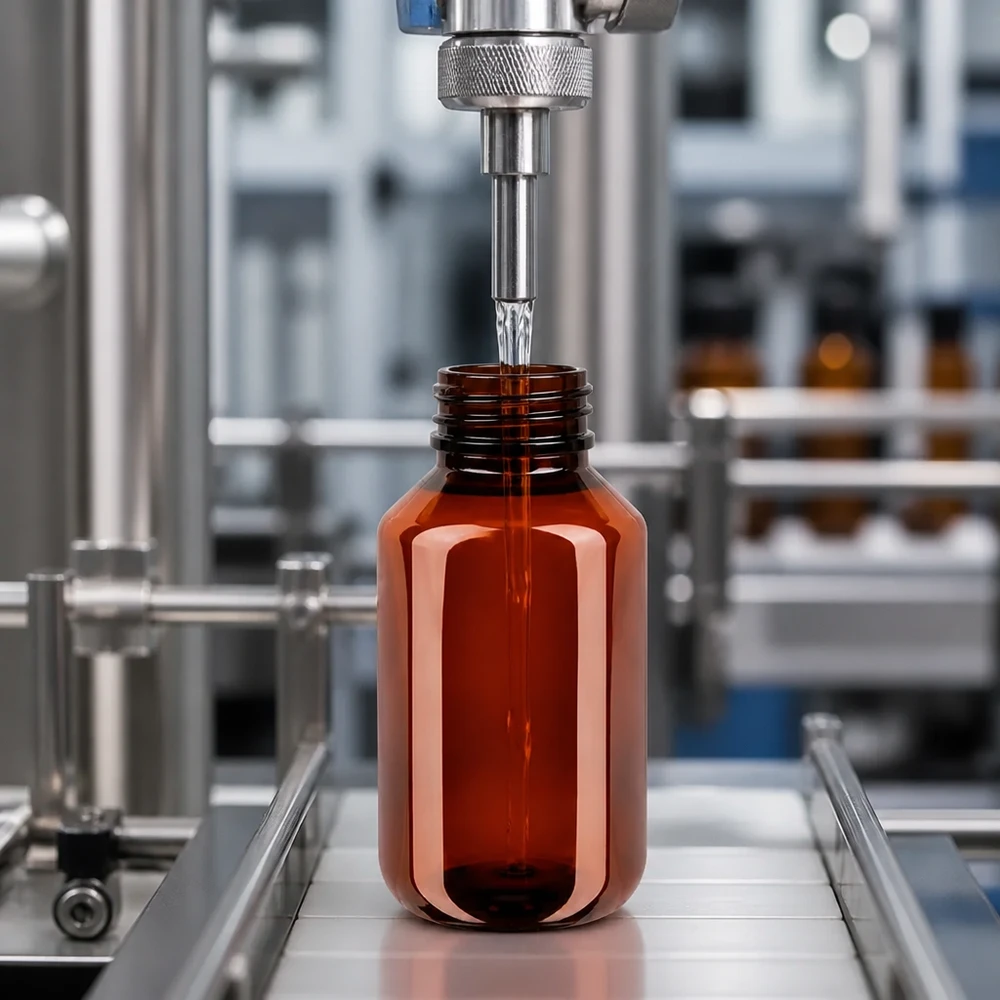 Lichtschutzflasche 100ml aus PET in automatisierter pharmazeutischer Serienproduktion