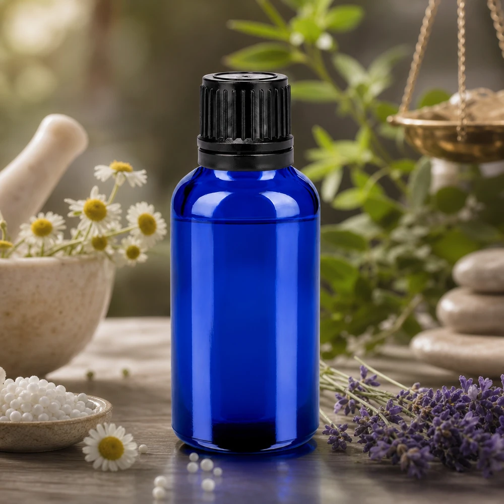 Dunkelblaue 30ml Flasche mit schwarzem OV Verschluss schützt Inhalt vor UV-Strahlung optimal