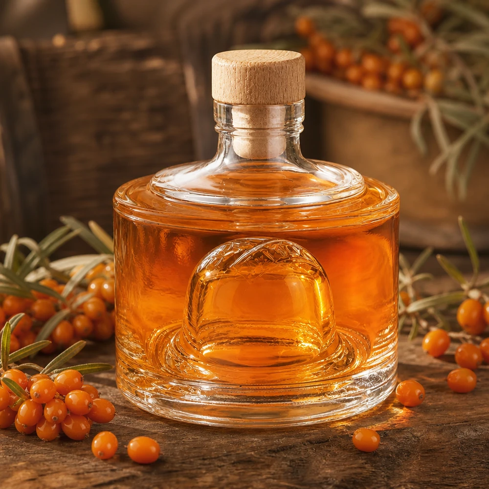 200ml Glasflasche Barbara mit Sanddornöl und frischen Sanddornbeeren auf rustikalem Holzuntergrund Naturprodukte