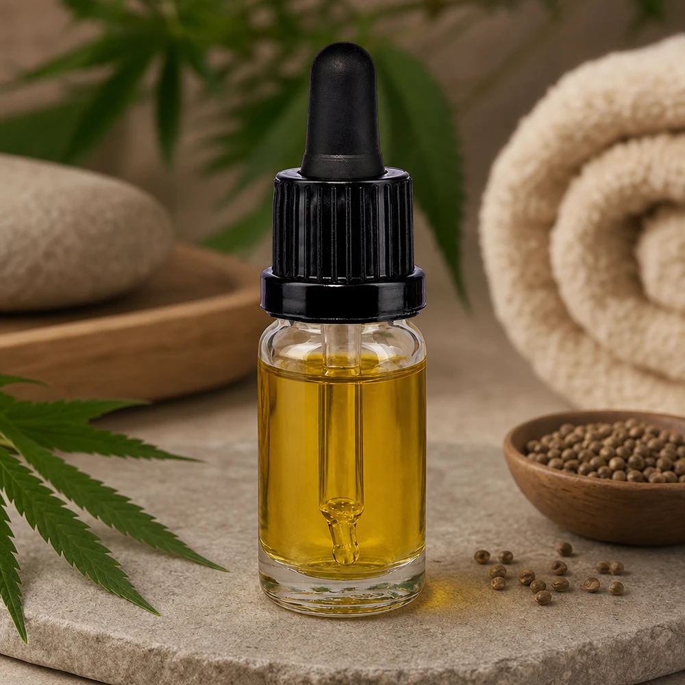 10ml Pipettenflasche mit schwarzem Schraubverschluss in naturnahem Spa-Arrangement