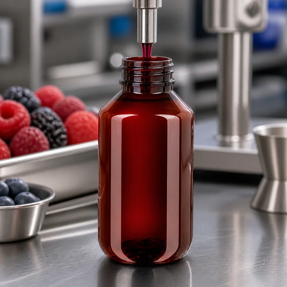 PET Flasche 100ml mit grünem Verschluss Originalitätsverschluss Braunrote PET Flasche 100ml mit Schraubgewinde bei maschineller Saftbefüllung