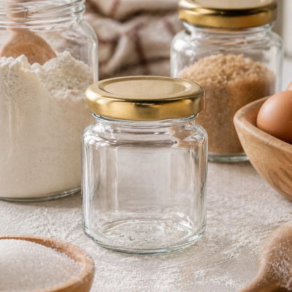 53ml Rundglas UNiTWIST mit goldenem Deckel in der Küche neben Mehl und Backzutaten als Vorratsglas