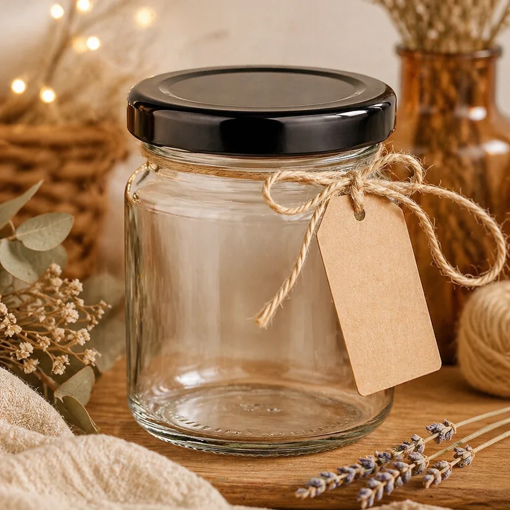 53ml Rundglas mit schwarzem Deckel leeres Einmachglas mit Kraftpapier-Etikett rustikale Geschenkverpackung Dekoration