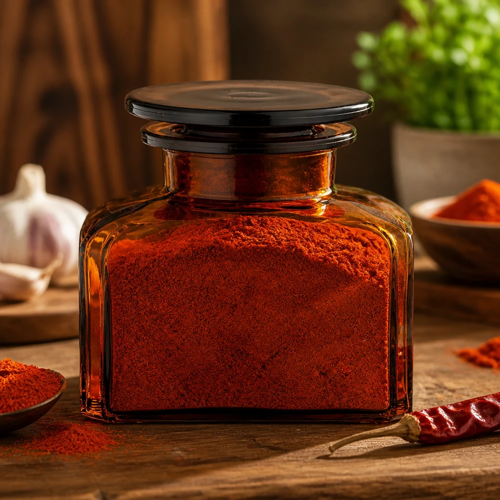 Gewürzglas Idee: Vierkant-Apothekerflasche 150 ml Weithals Stilvolles Gewürzglas Vierkant 150 ml Weithals mit Chilipulver und getrockneten Chilis
