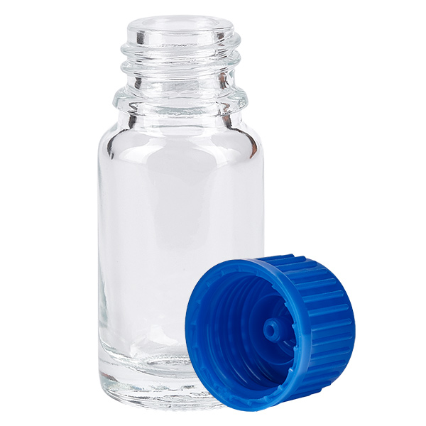 10ml Flasche 11mm Schraubverschluss blau Standard ClearLine UT18/10 10ml Flasche ClearLine UT18/10 zylindrische Form blaue Verschlusskappe abgenommen Seitenansicht