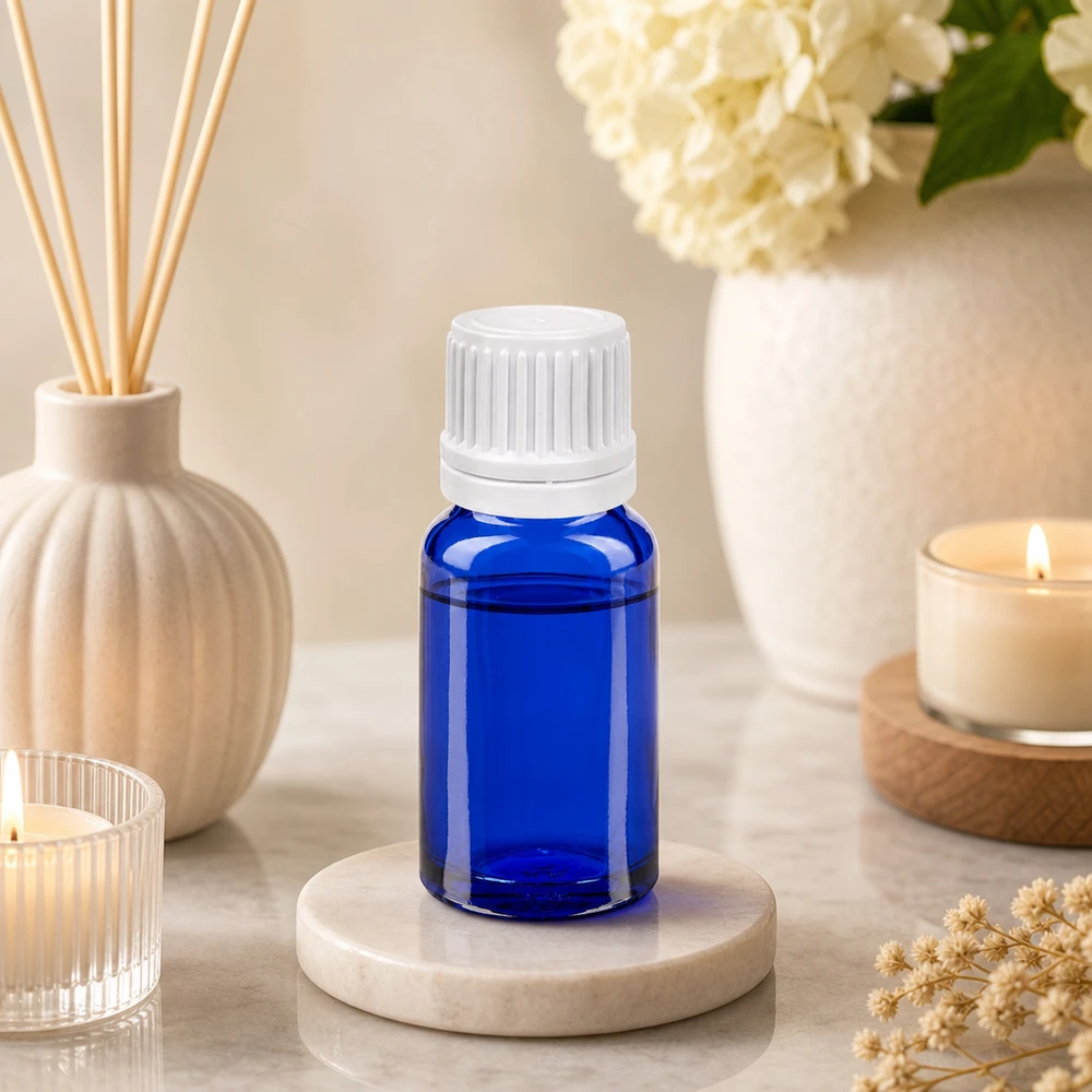 10ml Tropfflasche 0.7mm weiß Originalitätsverschluss BlueLine UT18/10 10ml Glasflasche in Apothekenblau mit weißem Kinderschutzverschluss für sichere Dosierung